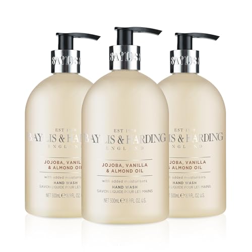 Baylis & Harding Liquid Hand Soap Wash with Dispenser, Jojoba, Vanilla & Almond Oil, 16.9oz/500ml (3-Pack)
