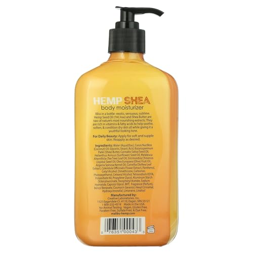 Malibu Hemp Shea Body Moisturizer with Sunflower Oil and Shea Butter, Vanilla Amber Scent, 18 fl oz, Aplication Mitt Included