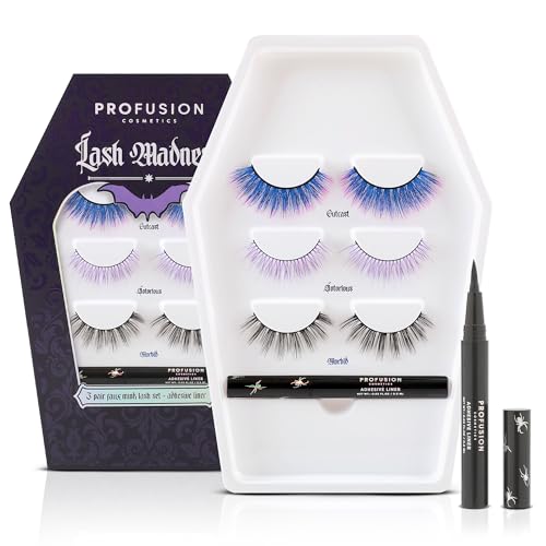 Profusion Cosmetics Lash Madness False Eyelashes with Adhesive Liner Pen - 3 Bold Lash Styles for Natural Looks, Lightweight Flexible Band & Comfortable All-Day Wear