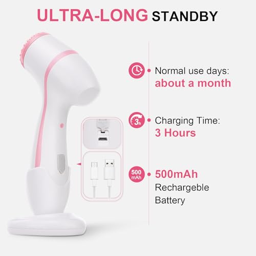Facial Cleansing Brush, 3 in 1 Electric Face Scrubber with 3 Brush Heads for Women/Men, Waterproof Rechargeable Face Cleansing Brush for Dry Oily Sensitive Skin (Pink)