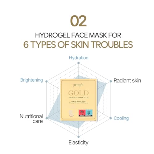 Petitfee Gold Hydrogel Mask Pack 5ea - 24k Gold Face Mask for Moisturizing, Glow Skin, Hydrating, Skin Elasticity, Youthful Complexion, Ginseng, Collagen Facial Mask