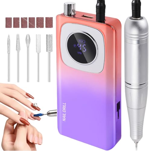 Kylara Electric Nail Drill Professional,45000RPM Portable Nail Drill Kit Cordless E Filer for Acrylic Gel Nails Polishing Removing with LED Display,Low Noise Electric Nail File for Salon&Home