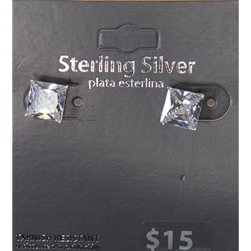 Sterling Silver 8mm Square CZ Stud Earrings - White