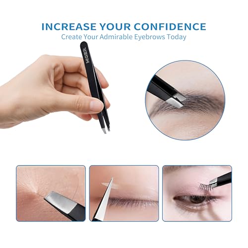 MGER Tweezers Set - Professional Stainless Steel Tweezers for Eyebrows - Great Precision for Facial Hair, Splinter and Ingrown Hair Removal (Black)
