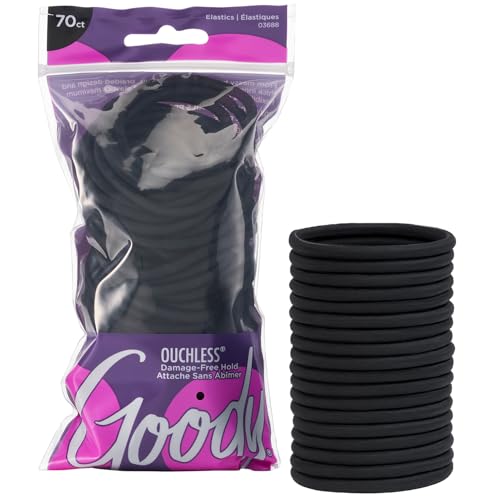 Goody Ouchless Hair Elastics ? No Pull, No Breakage, Tangle-Free Hold for Thick, Curly, Coily & Textured Hair ? 70 Count, Black, Long-Lasting Ponytail Holders for Women & Men