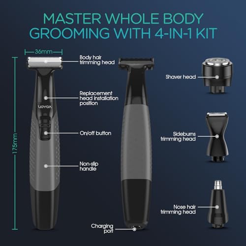 VOYOR Beard Trimmer for Men Electric Razor, Nose Face Body Hair Trimmer with Adjustable Length Combs All in 1 Rechargeable Mens Grooming Kit Cordless Electric Shaver Wet/Dry TX510 (Grey)