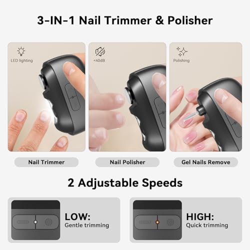 Electric Nail Clipper Fingernail Trimmer: 3-in-1 Automatic Nail Polisher with LED Light, Clip Storage, 2-Speed, Rechargeable Smart Nails Cutter Easy to Use for Seniors, Baby, Adult, Kids, Black