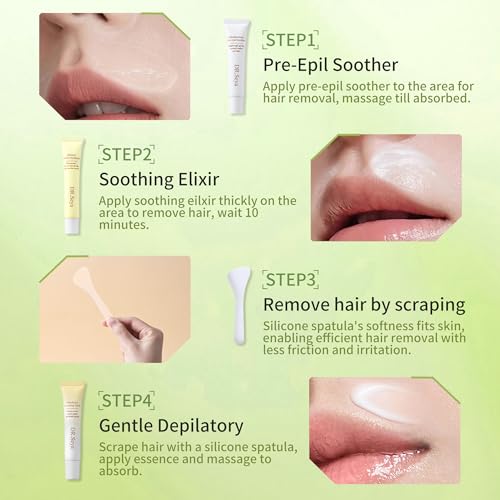 Facial Hair Removal Cream Set for Women - With Pre-Epil Soother,Gentle Depilatory,Soothing Elixir - Gentle Formula for Sensitive SkinSafe