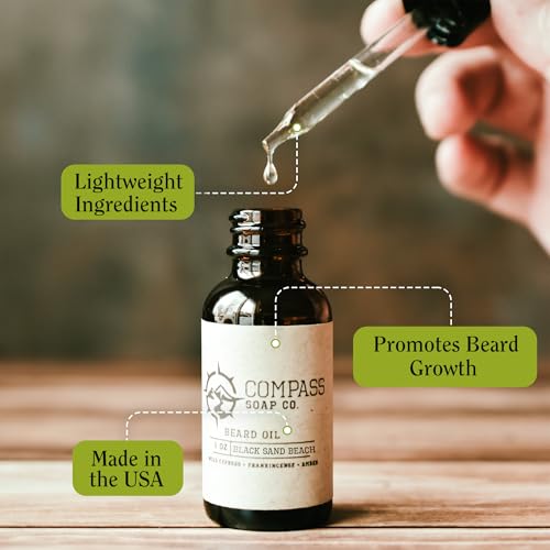 Compass Soap's Black Sand Beach - Natural Beard Oil for Men | Beard Oil for Nourishment and Hydration | Infused with Spicy Berry, Sea Salt & Ocean Moss | Best Beard Growth Oil for Men | 1 fl. oz.