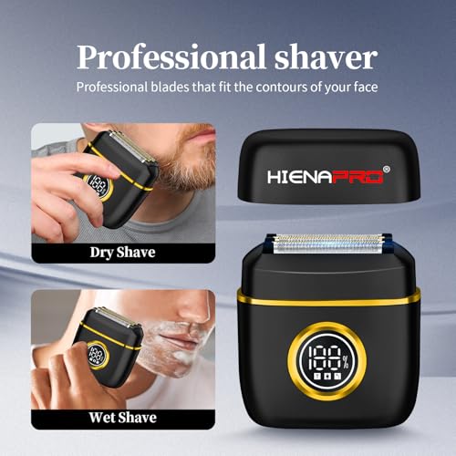 HIENA PRO Men's Electric Foil Shaver - USB-C Rechargeable, IPX7 Waterproof, Pocket-Sized with LED Display for Travel & Home (Black Gold)