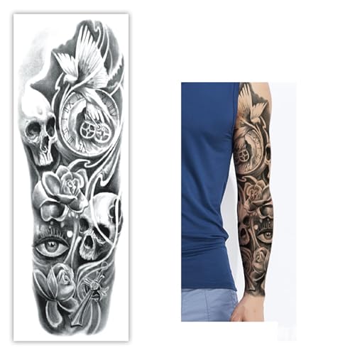 Fake Skull Temporary Sleeve Tattoos Halloween Arm Tattoos for Men Women,4-Sheet