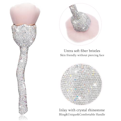 SlowVibes Rhinestone Foundation Brush,Rose Shape Bling Diamond Blush Brush Soft,Large Face Powder Makeup Brushes,Sparkle Cosmetic Nail Dust Brush,Loose Powder Brush,Women Professional Makeup Tools
