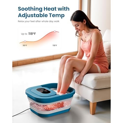 COMFIER Collapsible Foot Spa Bath Massager with Heat, Pedicure Foot Spa with Bubbles, Red Light, Pumice Stone and Shiatsu Massage Rollers, Heated Bath Spa for Relaxation and Stress Relief (Blue)