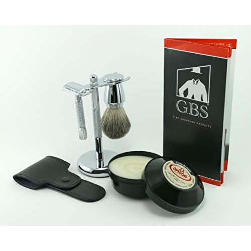 G.B.S Men's Wet Shaving Holiday Kit, Classy Butterfly Non-slip Knurled DE Safety Razor with Case, Omega Cream, Blades, Shaving Brush and Razor Stand