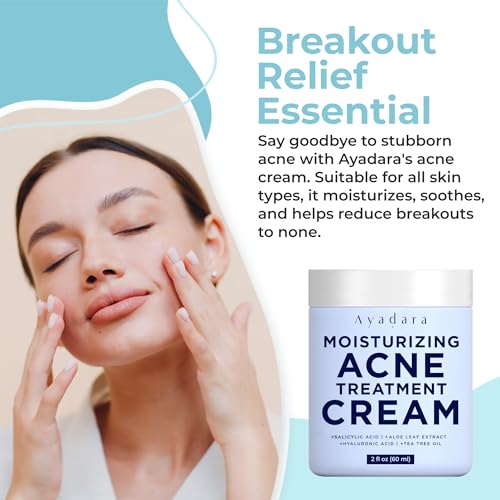 Moisturizing Acne Cream, Salicylic Acid Face Moisturizer for Oily & Acne-Prone Skin, Helps with Pimples, Blackheads, Whiteheads, Hormonal & Cystic Acne, for Men and Women, 90-Day Supply by Ayadara