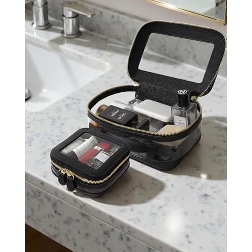 Clear Makeup Bag Set, Small Portable Clear Makeup Bag Cute Waterproof Travel Cosmetic Bag Makeup Pouch TSA Approved Toiletry Bag Women Traveling Car Organizer Car Essentials (Black, Standard + Mini)