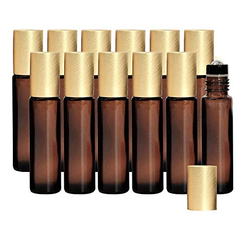 12-Pack 10ml Amber Glass Roller Bottles with Brushed Gold Leakproof Caps ? Premium Empty Roll-On Bottles for Essential Oils, Perfumes, Serums, DIY Aromatherapy & Beauty Products