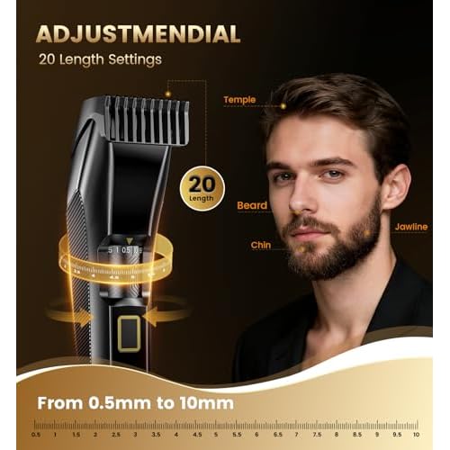Men's Beard Trimmer-All-in-One Mustache Trimmer for Men with 20 Length Adjustable, Stainless Steel T-Blade for Precision Facial Hair Trimming Cordless IPX7 Waterproof Wet/Dry Clipper,LED Display