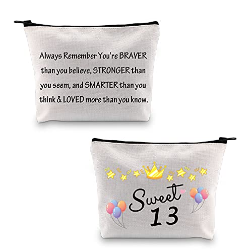 MBMSO 13th Birthday Gifts for Girls Sweet 13 Makeup Bag 13 Year Old Girls Gifts Sweet Thirteen Cosmetic Pouch Travel Case(Sweet 13 Bag)