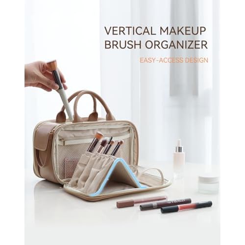 Prite Makeup Bag for Women, Large Capacity Waterproof Travel Cosmetic Organizer, Portable Open Flat Toiletry Bag with Free-standing Brush Holder and Handle(Beige Brown Medium)