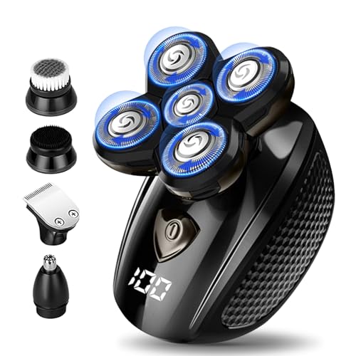 Bald Head Shaver,Electric Head Shavers for Bald Men, 5-in-1 Head and Face Grooming Kit, Waterproof Cordless Rotary Razor and USB Rechargeable,Gifts for Men