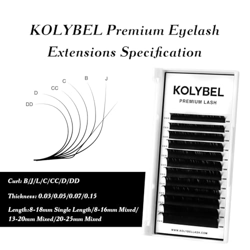 KOLYBEL Classic Lash Extensions 0.05 C CC D DD J B L Curl 8-16mm Mixed Lash Trays Premium Silk Eyelash Extensions Matte Dark Lash Extension for Professional Salon Use (0.05-B-8-16mm)