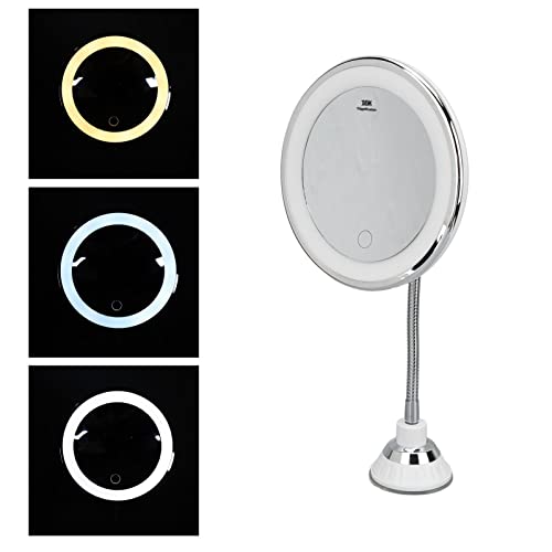 Zetiling 10x Magnification LED Makeup Mirror, Wall Mount, Round, 17.3"L x 6.9"W, Black Frame, Modern Style, Adjustable Brightness, Three Light Colors, Suction Cup Design
