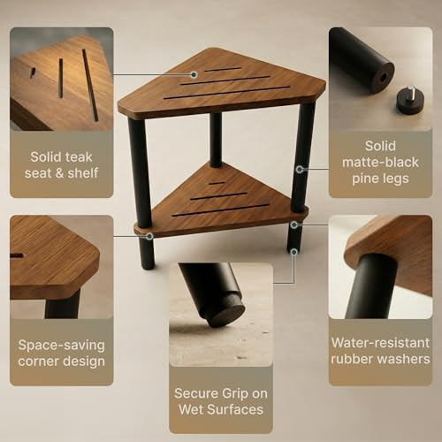 Corner Teak Shower Stool for Shaving Legs with Black Pine Wood Legs ? Small Teak Shower Seat for Inside Shower, Corner Seat, Bath Stool with Pumice Stone & Gua Sha, Multi-Use Side Table, Corner Shelf