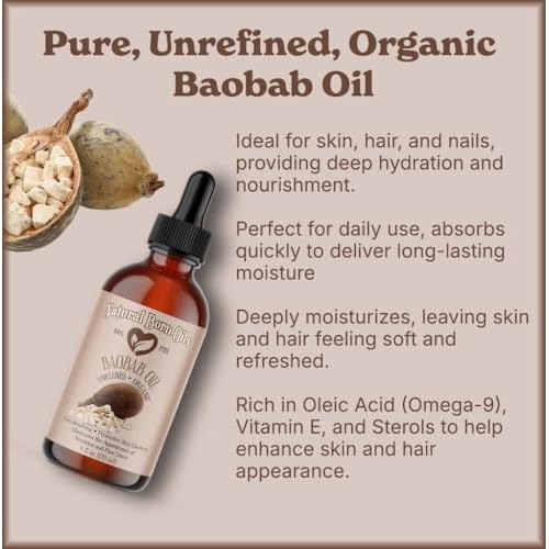 Natural Born Oils 4oz Baobab Oil, 100% Pure and Natural, Organic, Cold-pressed, Unrefined, Non-comedogenic, Moisturizing, Includes Pump & Dropper