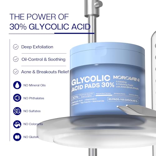Morovan Glycolic Acid Pads 30%: Dual-Sided Face Exfoliator for Blemishes and Deep Cleaning, Clarifying Skin Tone, At-Home Peel, 65 Pads