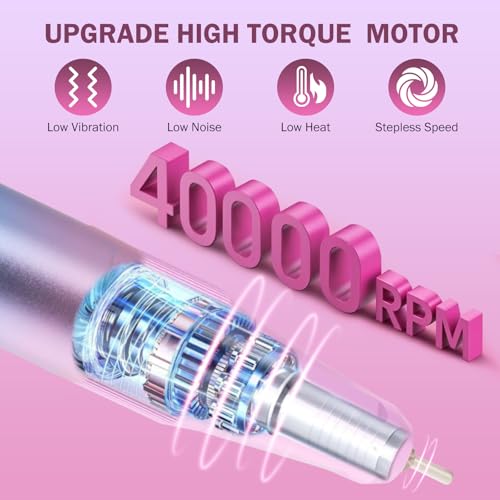 Professional Nail Drill, 40000RPM Electric Nail File for Acrylic Gel Nails Polishing Removing, Rechargeable Portable Cordless Nail Drill Kit with Full Set of Accessories at Salon Home