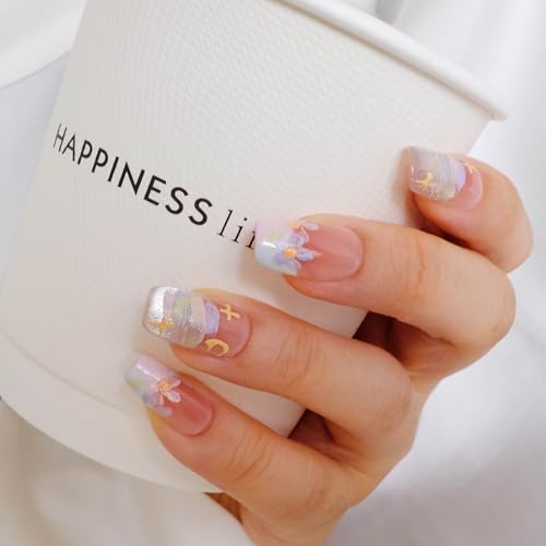 [GLORS] Purly Handmade Medium Ballerina Press on Nails | Oil Painting Style Flower in White and Nude French Tip Nails, 10 Pieces (Medium, MB)