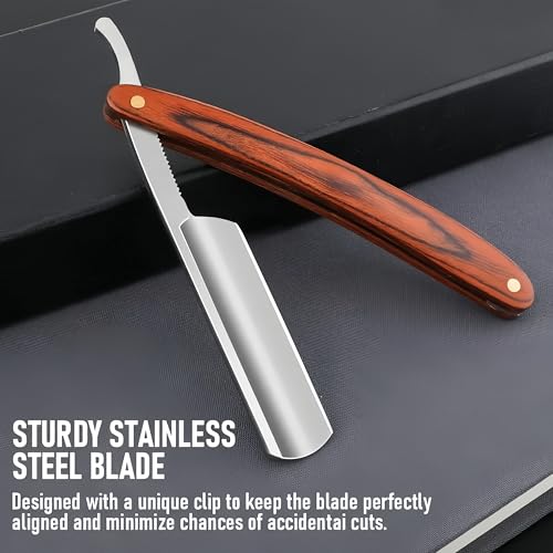 Straight Edge Razor Shaving Kit, Including Steel Shaver & Shaving Brush & Wooden Beard Comb & Brush, Beard Grooming Scissors, Idea Gift for Christmas, Birthday, Father for Men - Brown