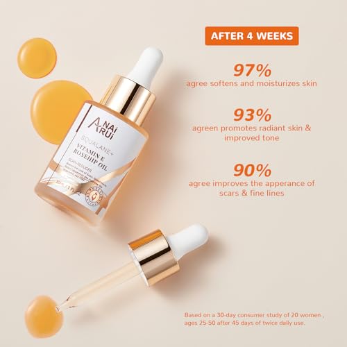 ANAI RUI Squalane + Vitamin E Rosehip Oil Moisturizer for Face,Hair,Skin& Nail Hydrate, Reduce Scars and Stretch Marks, Wrinkles for Smoother, Softer Skin 1 fl. Oz