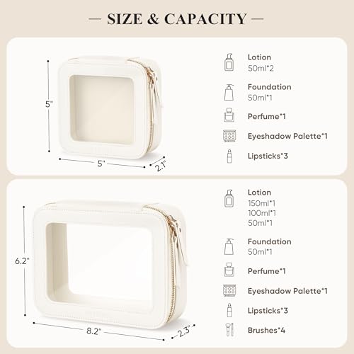 Clear Makeup Bag, Travel Toiletry Bag Cosmetic Case for Women, Waterproof Portable Make Up Skincare Pouch with Zipper, Compact Car Organizer Bag for Essentials, Mini & Medium, Ivory White