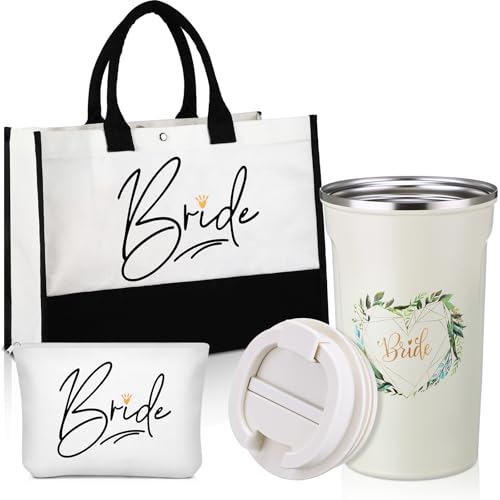 3 Pieces Wedding Bride Gifts Bridal Shower Gift for Bride Canvas Tote Bag Makeup Bag Tumbler Cup Stainless Steel Drink Cup Bachelorette Gift for Wedding Engagement Honeymoon for Women Wifey Future Mrs