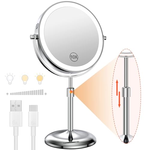 Benbilry Lighted Makeup Mirror with Magnification 10X & 3 Color Lights, Adjustable Brightness & Height, 7 Inch 360¡Æ Swivel Rechargeable LED Magnifying Make Up Vanity Mirror with Lighting (Silver)