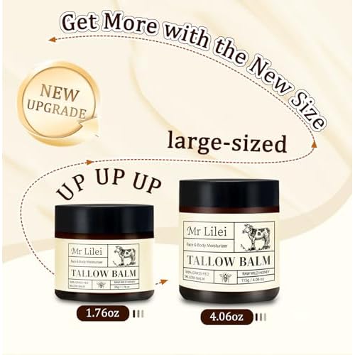 Beef Tallow for Skin, Grass-Fed Beef Tallow Balm, Beef Tallow Cream, Face & Body Moisturizer Restores Skin Barrier, Soothes Dry Sensitive Skin, Beef Tallow Honey Balm Whipped with Beeswax & Olive Oil