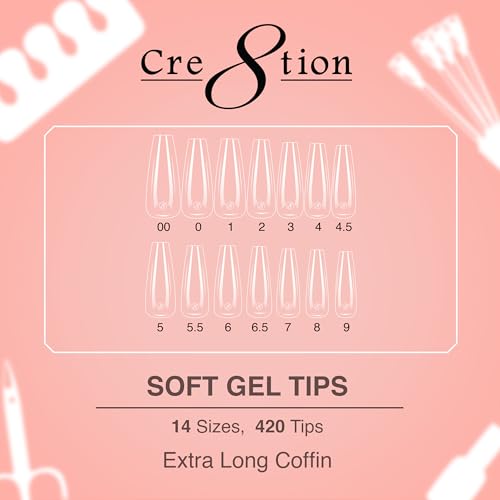 Cre8tion Soft Gel Nail Tips, Extra Long Coffin Shape, 602 Tips in 14 Sizes (00-9) for Professional Nail Extensions