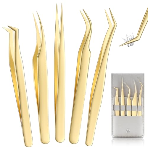 MORGLES Golden Lash Tweezers Set, 5 PCS Professional Eyelash Tweezers for Eyelash Extensions for Beginners & Lash Artists