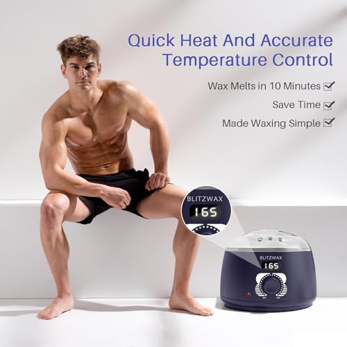 BLITZWAX Brazilian and Bikini Waxing Kit for Men With 120 Wooden Waxing Sticks and 30 Wax Papers, Hard Wax Warmer for Face, Legs, and Body, At Home Hair Removal Kit, Beginner Friendly
