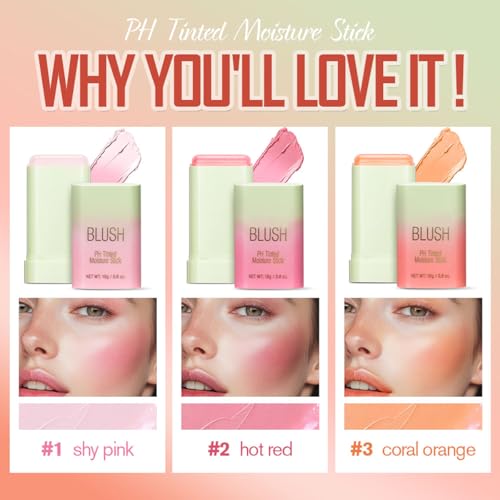 PH Tinted Moisture Stick, Multi-Use Cream Color Changing Blush, 3-in-1 Blush Stick for Cheek/Eyes/Lips, Waterproof Hydrating Tinted Solid Makeup Products (2#hot red)