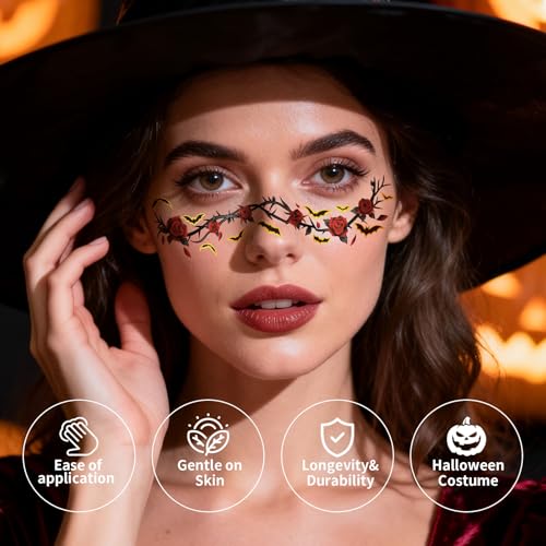 Halloween Face Tattoos - 12PCS Waterproof Temporary Tattoos,Body Art Stickers for Women Kids, Long Lasting Halloween Makeup Festival Accessories