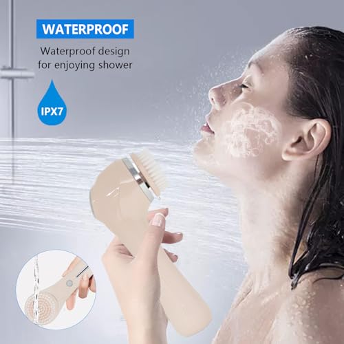 Facial Cleansing Brush, 2 in 1 £×aterproof IPx7 Facial Spin Scrubber Set with 4 Brush Heads, Rechargeable Exfoliating Face Brush Deep Cleansing, Gently Exfoliate and Remove Blackhead Pink