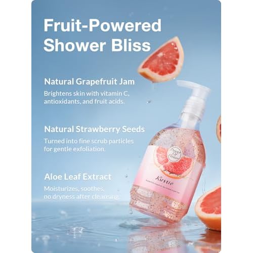 Kustie Grapefruit Jam Body Wash, Exfoliating Shower Gel with Strawberry Seeds, Grapefruit Extract & Squalane ? Refreshing, Brightening & Nourishing Cleanser for Dry & Sensitive Skin, 19.6 fl oz