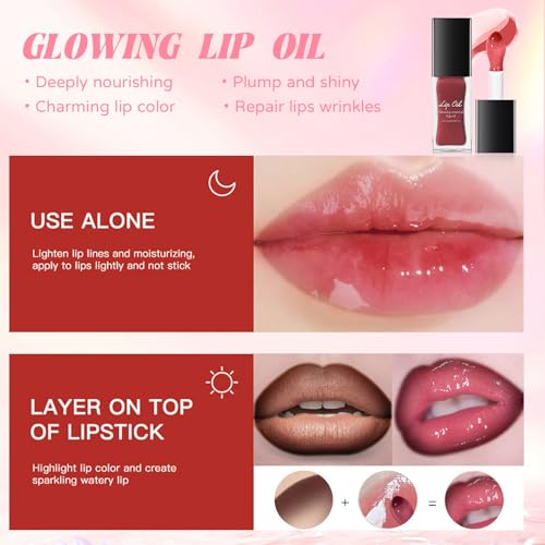 Nourishing Glowing Lip Oil with 2 in 1 Ombre Lip Liner Lipstick Set, Moisturizing High Shine Renewal Lip Gloss for Women, Smooth Long Wear Plumping Rose Pink Lip Tint Lip Crayon Combo Makeup