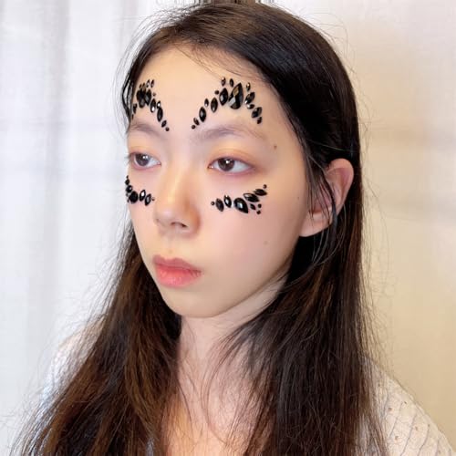 Black Face Jewels halloween face tattoo sticker self Adhesive Crystal Face Gems stick on Festival halloween makeup tattoos party decorations Body Glitter mermaid Eyebrow body jewels(Black)