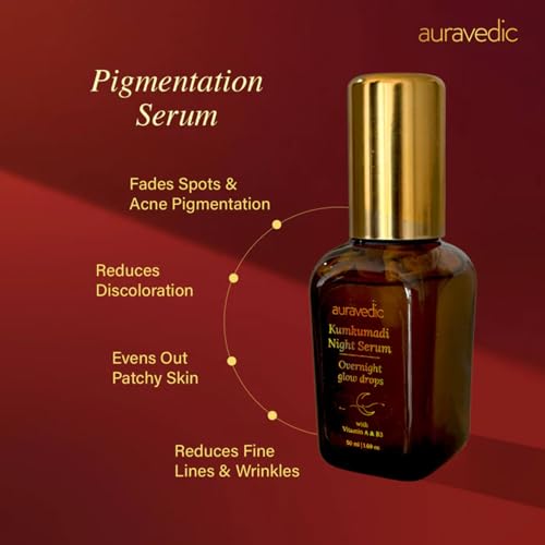 Auravedic Kumkumadi Tailam Night Serum | Ayurvedic Face Oil with Saffron & Vitamin B3 | Plant Based Overnight Moisturizer for Soft, Refreshed Skin | 1.69 Fl Oz (50ml)