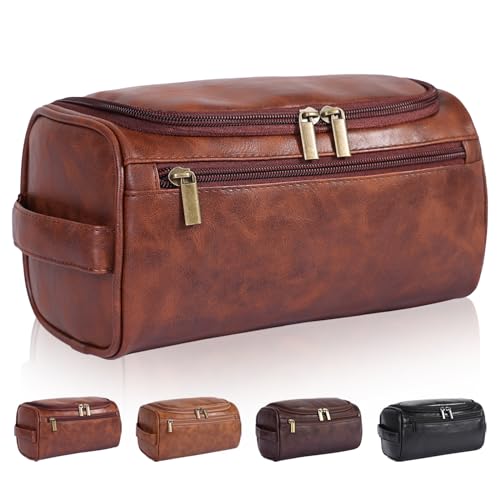 Toiletry Bag for Men, Hanging Travel Shaving Dopp Kit for Men and Women, Water-resistant Toiletries Organizer Bags, PU Leather Cosmetic Bags for Makeup Accessories (Dark Brown)