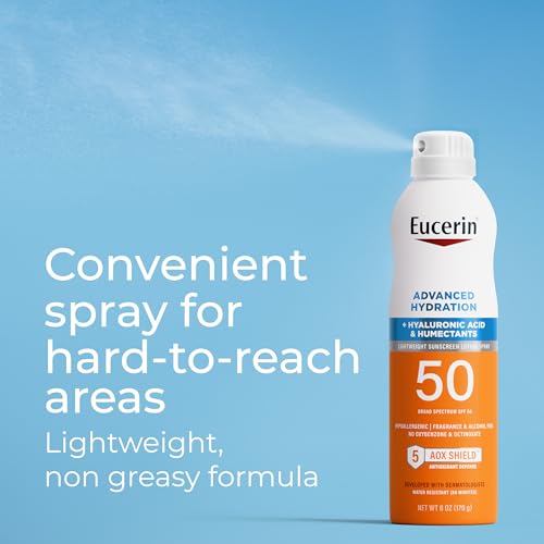 Eucerin Advanced Hydration SPF 50 Sunscreen Spray, Lightweight Spray Sunscreen with Hyaluronic Acid and Humectants, Hypoallergenic, Fragrance and Alcohol Free, 6 Oz Bottle